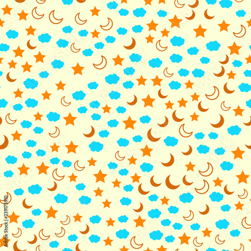 Night sky stars and moon, christmas holidays. Seamless vector EPS 10 pattern. Flat style. Color figures. 