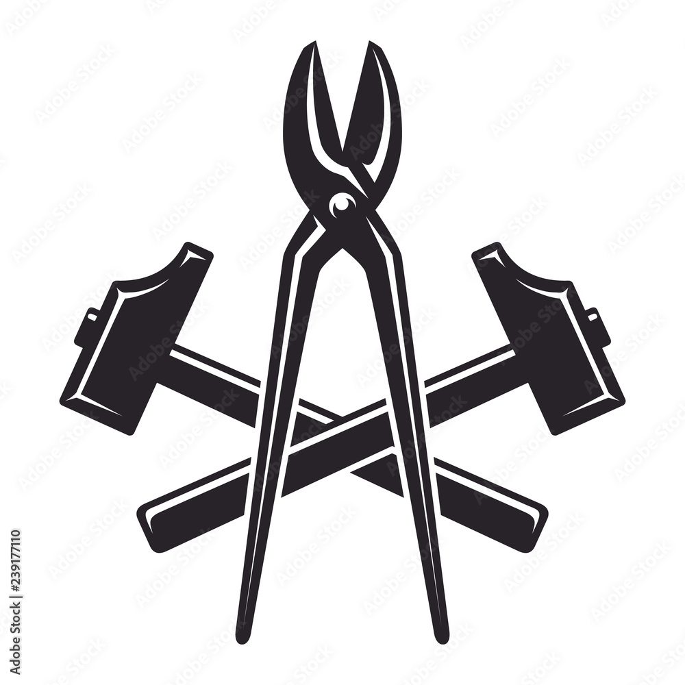 Icon two crossed hammers and shears for cutting metal, blacksmith tools