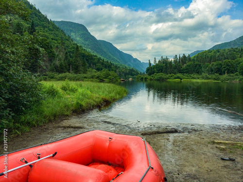 Raft sitting on the edge of the river