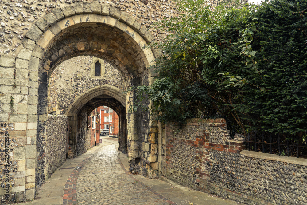 The entrance and walkway outside of the Lewes Castle & Gardens, East Sussex county town. The old vintage historical for visitor, traveler.