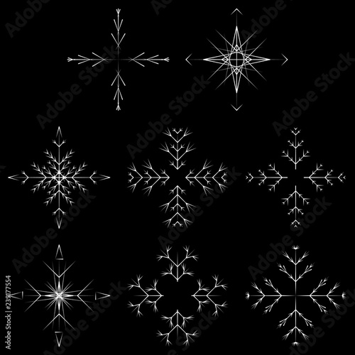 Vector collection of artistic icy abstract crystal snow flakes isolated on background as winter december decoration group or collection. Ice or frost beautiful star ornament silhouette or season art