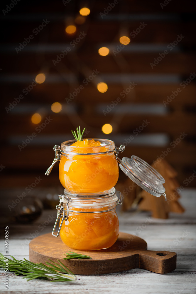 jam on a wooden table, xmas theme