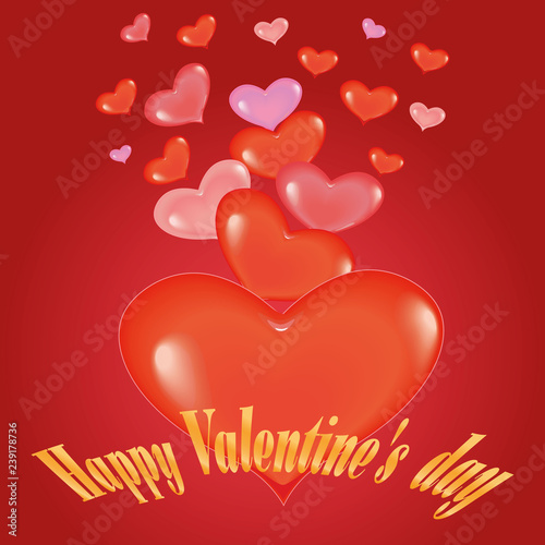 Beautiful red banner. Title.Valentine's day. Red 3D heart..Golden text. Flying hearts. red. vector.