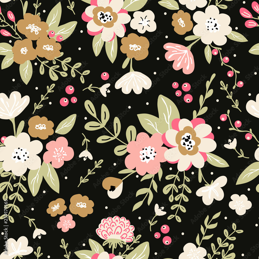 Trendy colorful seamless floral pattern with modern simple flowers on black  background. Cute repeated pattern for fabric design, wallpaper,wrapping  paper Stock Vector