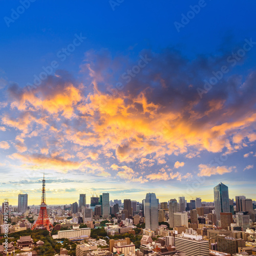 Tokyo Skyline, japan cityscape at twilight, view of office building and downtown and street of minato in tokyo with sunset / sun rise sky background. Japan, Asia