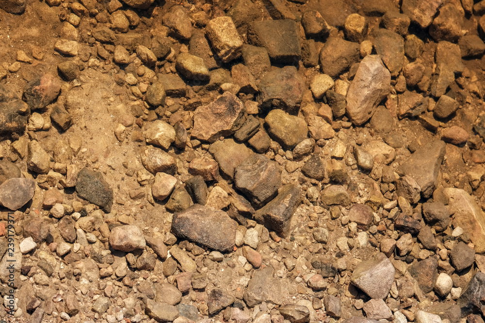lakeside beach details with sand, rocks and blur background
