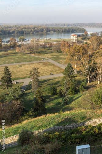 Panoramic sunset view of Belgrade Fortress  Kalemegdan Park  Sava and Danube Rivers in city of Belgrade  Serbia