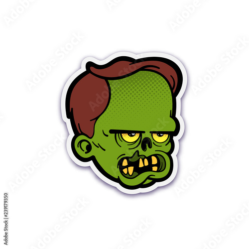 Cute zombie head sticker with dotted halftone. Isolated vector illustration.
