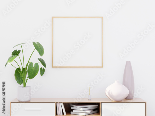 Modern living room interior with a wooden dresser and a square poster mockup, 3D render