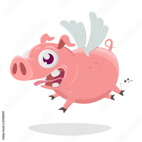 funny cartoon illustration of a flying pig