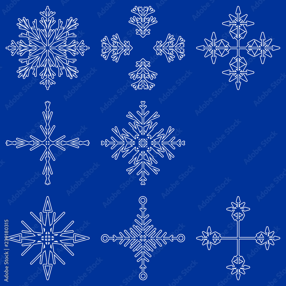 Vector collection of artistic icy abstract crystal snow flakes isolated on background as winter december decoration group or collection. Ice or frost beautiful star ornament silhouette or season art Vector collection of artistic icy abstract crystal snow flakes isolated on background as winter december decoration group or collection. Ice or frost beautiful star ornament silhouette or season art