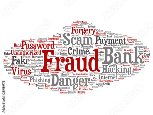 Vector conceptual bank fraud payment scam danger abstract word cloud isolated background. Collage of password hacking, virus fake authentication crime, illegal transaction identity theft text concept