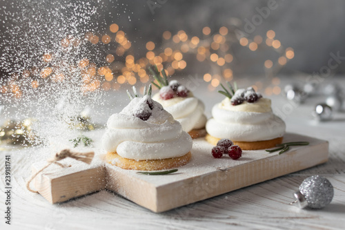 Obraz na płótnie Pavlova Cake with berry cranberries on white background w salonie