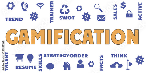 GAMIFICATION Panoramic Banner with icons and tags, words. Hi tech concept. Modern style