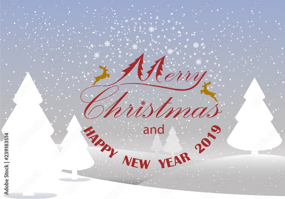 Christmas and New Year Typographical on shiny Xmas background with winter landscape with snowflakes, light, stars.    Merry Christmas card. Vector Illustration