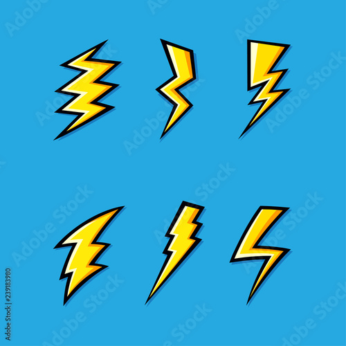 Set of yellow electric lightning bolt icons with shading effects on blue background. Vector illustration.