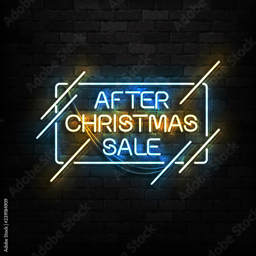 Vector realistic isolated neon sign of After Christmas Sale logo for template decoration and covering on the wall background. Concept of Happy New Year.