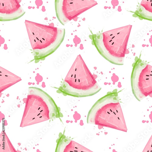 Slices of watermelon seamless pattern. Watercolor vector illustration.