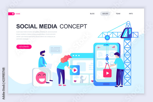 Modern flat web page design template of Social Media decorated people character for website and mobile website development. Flat landing page template. Vector illustration.