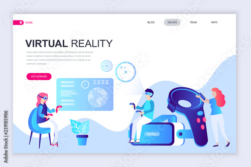 Modern flat web page design template of Virtual Augmented Reality decorated people character for website and mobile website development. Flat landing page template. Vector illustration.
