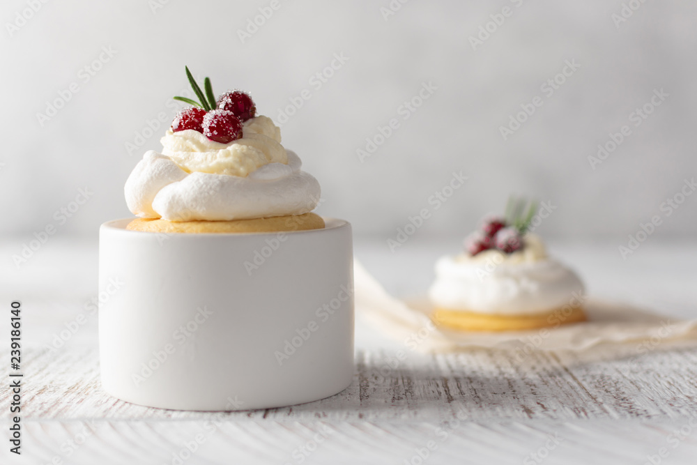 Pavlova Cake with berry cranberries on white background