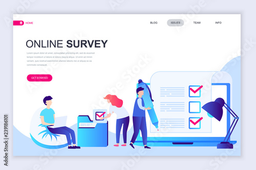 Modern flat web page design template of Online Survey decorated people character for website and mobile website development. Flat landing page template. Vector illustration.