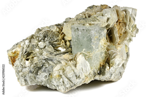 aquamarine crystal on muscovite from Nagar, Pakistan isolated on white background photo