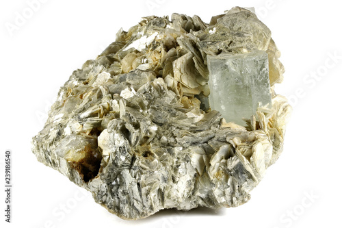 aquamarine crystal on muscovite from Nagar, Pakistan isolated on white background