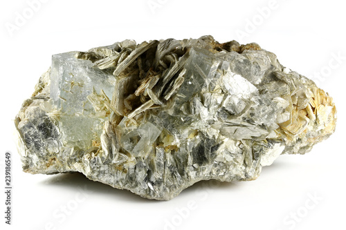 aquamarine crystal on muscovite from Nagar, Pakistan isolated on white background photo
