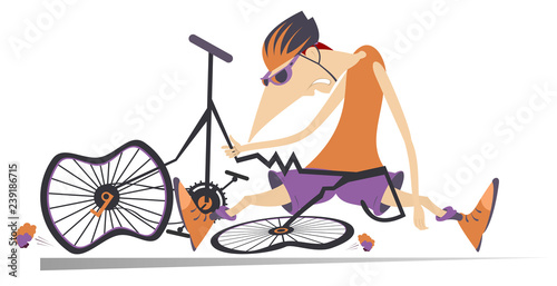 Sad cyclist and broken bike illustration. Cyclist sitting near a broken bicycle isolated on white illustration 
