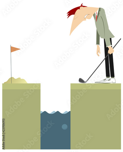 Golfer stays near a water obstacle illustration. Sad golfer has done a bad kick and lost golf ball in the water obstacle illustration
