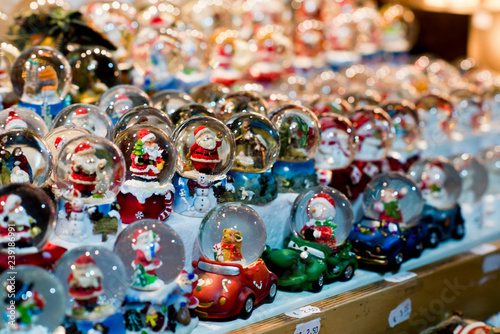 Christmas snow globes at the Christmas market in the city  Germany