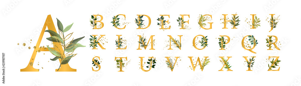 Fototapeta Złote litery alfabetu kwiatowy duże litery z kwiatami pozostawia złote rozpryski