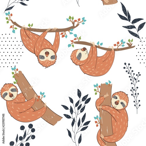 Seamless pattern. Vector hand drawn illustration with funny sloths.