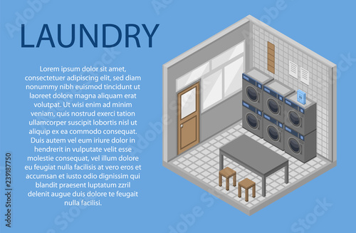 Laundry room concept background. Isometric illustration of laundry room vector concept background for web design