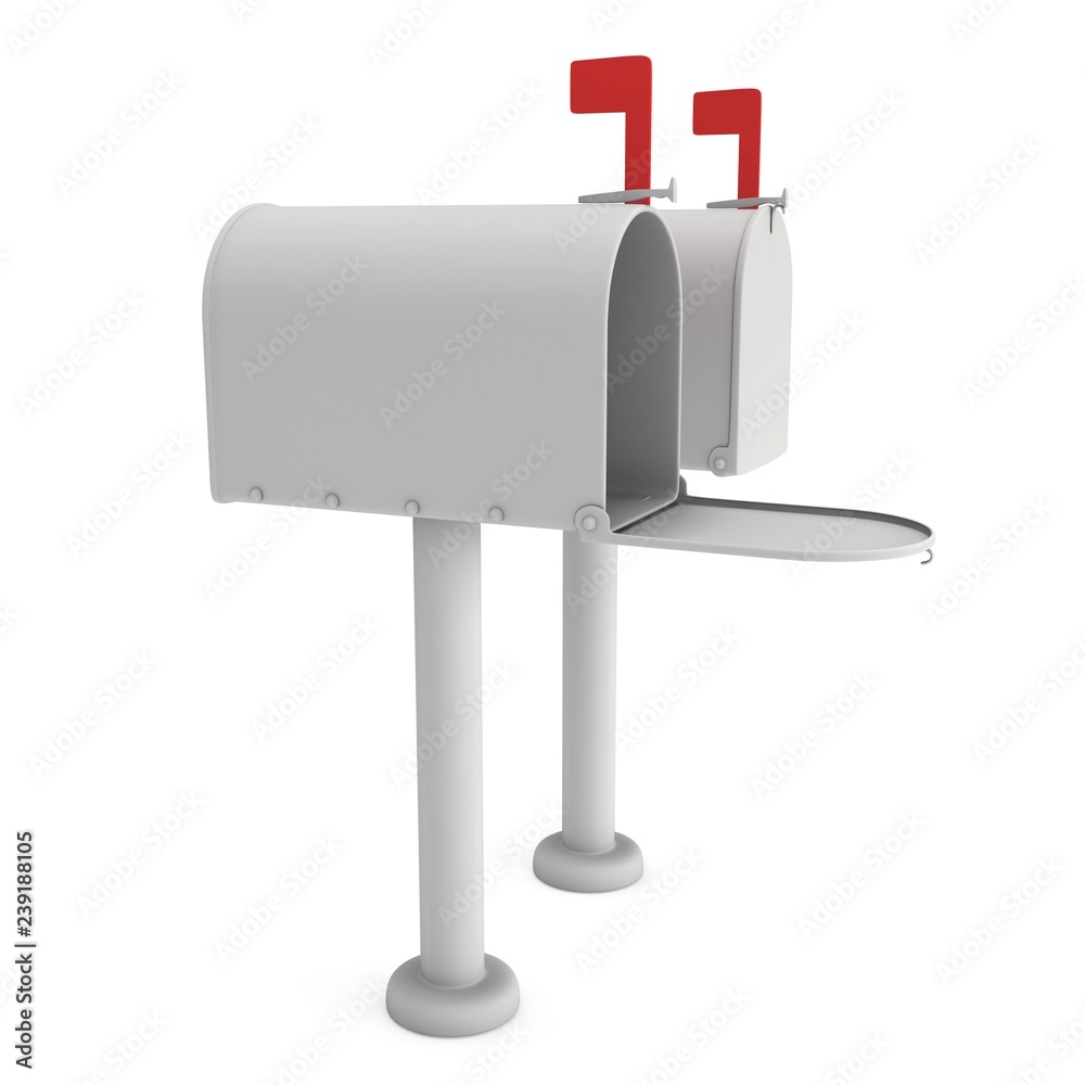 Mailbox with open door and raised flag. 3d render illustration isolated on white background. Mailbox with open door and raised flag. 3d render illustration isolated on white background.