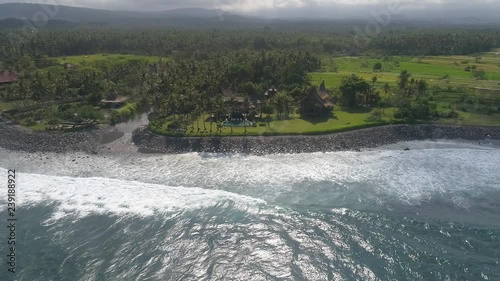 Aerial view drone Bali, Indonesian island, luxury villa and beach
