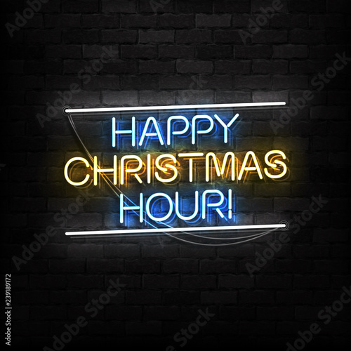 Vector realistic isolated neon sign of Happy Hour Christmas logo for decoration and covering on the wall background. Concept of Happy New Year in bars and pubs.