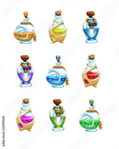 Magic bottle vector magical game potion in glass or liquid poison drink of alchemy or chemistry illustration set of magnificent elixir in phial isolated on background