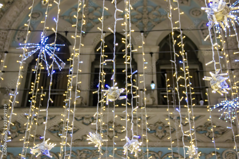 Christmas and New Year holidays illumination on Nikolskaya Street near the Moscow Kremlin at night, Russia Christmas and New Year holidays illumination on Nikolskaya Street near the Moscow Kremlin at night, Russia
