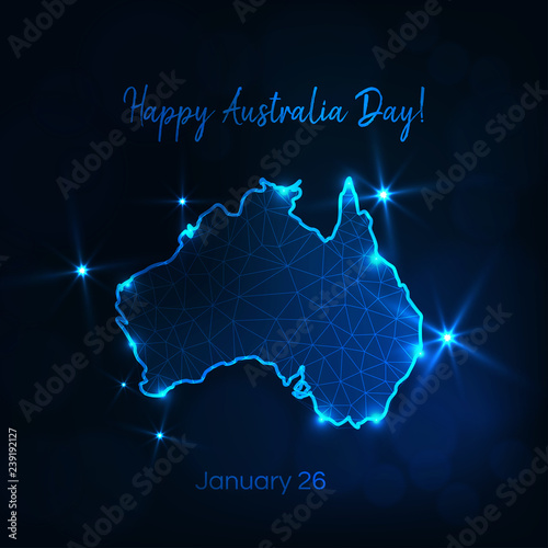 Happy Australia day greeting card with continent map, stars and text on dark blue background.