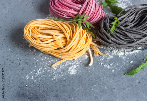 Variety of colored fresh uncooked homemade pasta noodle with flour over grey slate, stone or concrete table. Top view. Food background. Copy space for text.