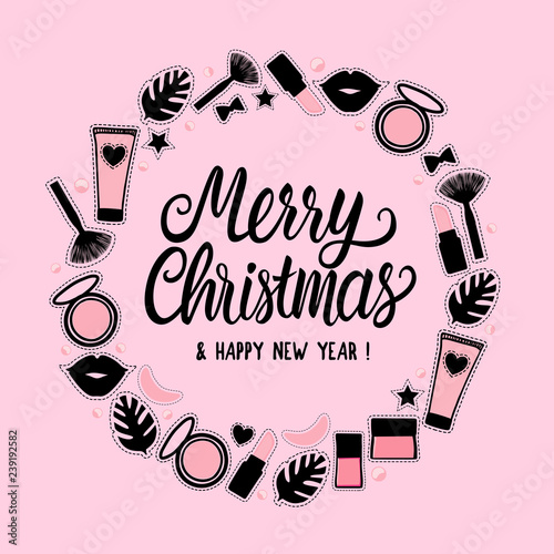 Merry Christmas Round frame fashion style. Set sign beauty makeup for cute girls. Abstract cosmetic bottles. Vector illustration