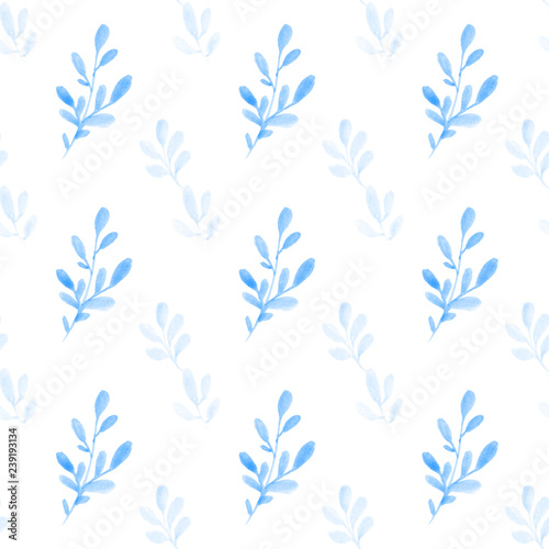 Blue leaves seamless pattern Watercolor flowers background