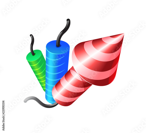 vector illustration of fireworks and fireworks three-dimensional image of the rocket