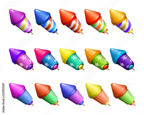 vector set of multi-colored fireworks and fireworks three-dimensional image of the rocket