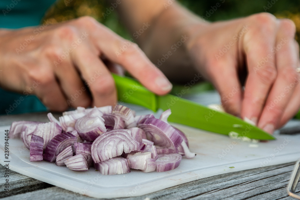 Cutting onions and garlic, camp cooking