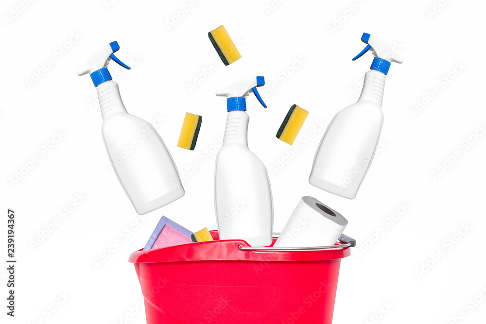 Flying cleaning items in plastic bucket Flying cleaning items in plastic bucket