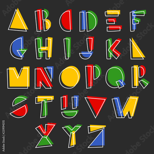 Holiday geometric hand drawn alphabet. Colorful vector illustration for Christmas and New Year