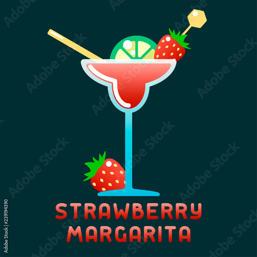 Tropical cocktail strawberry margarita with decorations and name. Flat style vector illustration. Suitable for advertising, applications, menu design or web